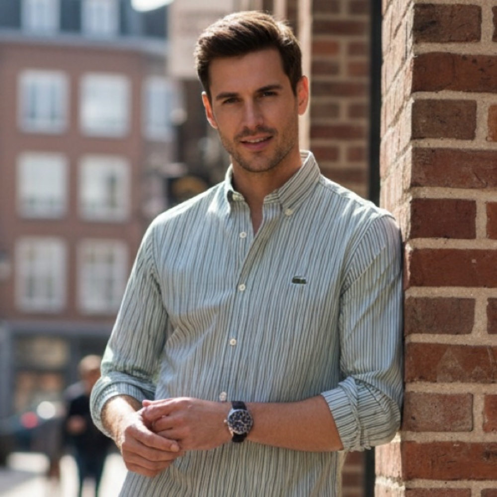 Lacoste Men's Green & purple Striped button down Shirt- modern fit size 45/ 2XL